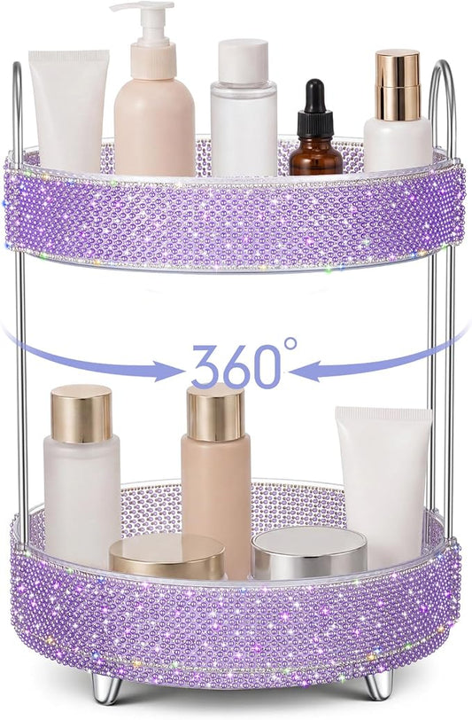 Honeydak 360 Rotating Perfume Organizer Gift for Women, Rhinestone Preppy Skincare Organizer Bathroom Counter Makeup Holder Skincare and Perfume Storage for Cosmetic(2 Tiers,Pearl,Purple)