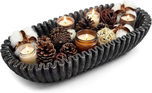 Large Decorative Bowl for Home Decor Long Dough Bowls Coffee Table Decor Centerpiece Black Ruffle Scalloped Resin Modern Handicraft Bowl for Kitchen Counter Farmhouse Entryway Stylish Key Storage