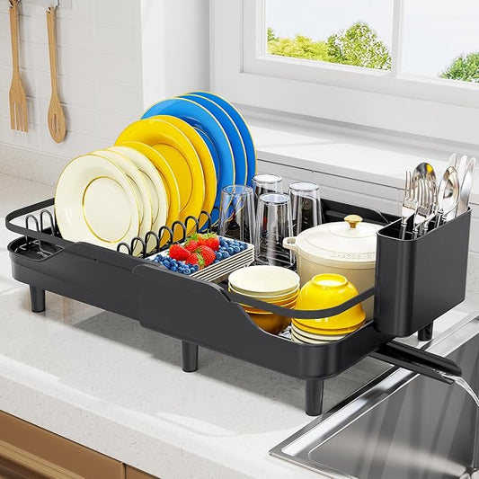 Urackify Expandable Dish Rack for Kitchen Counter,16.14"-23.62" Large Dish Drying Rack with Adjustable Water Spout, Space Saving Dish Drainer with Auto Draining Cutlery Holder, Matte Black