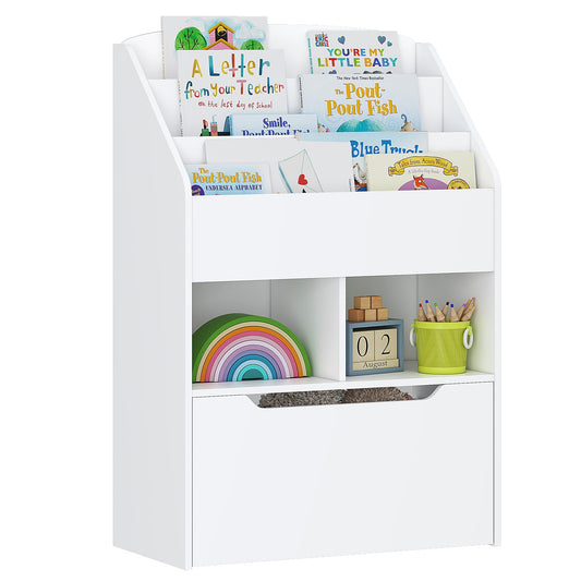 UTEX Kids Bookshelf with Movable Toy Box, Toddler Book Shelf and Toy Storage, Children Book Display Rack Toy Chest Combo for Kids Room & Nursery, White