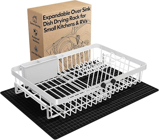 MAJALiS White Dish Drying Rack Over The Sink with Utensil Holder, Mat | Expandable Stainless Steel Dish Drainer for Small Kitchen, Apartment, RV, Counter Space Saving, Perfect Fit, Rustproof