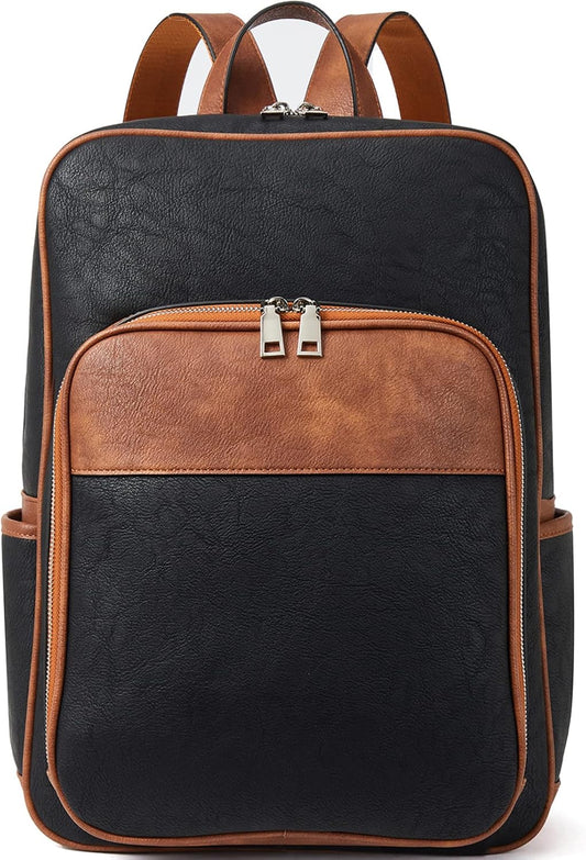 Backpack Telena Leather Laptop for Women Business Casual College Bags Black-Brown
