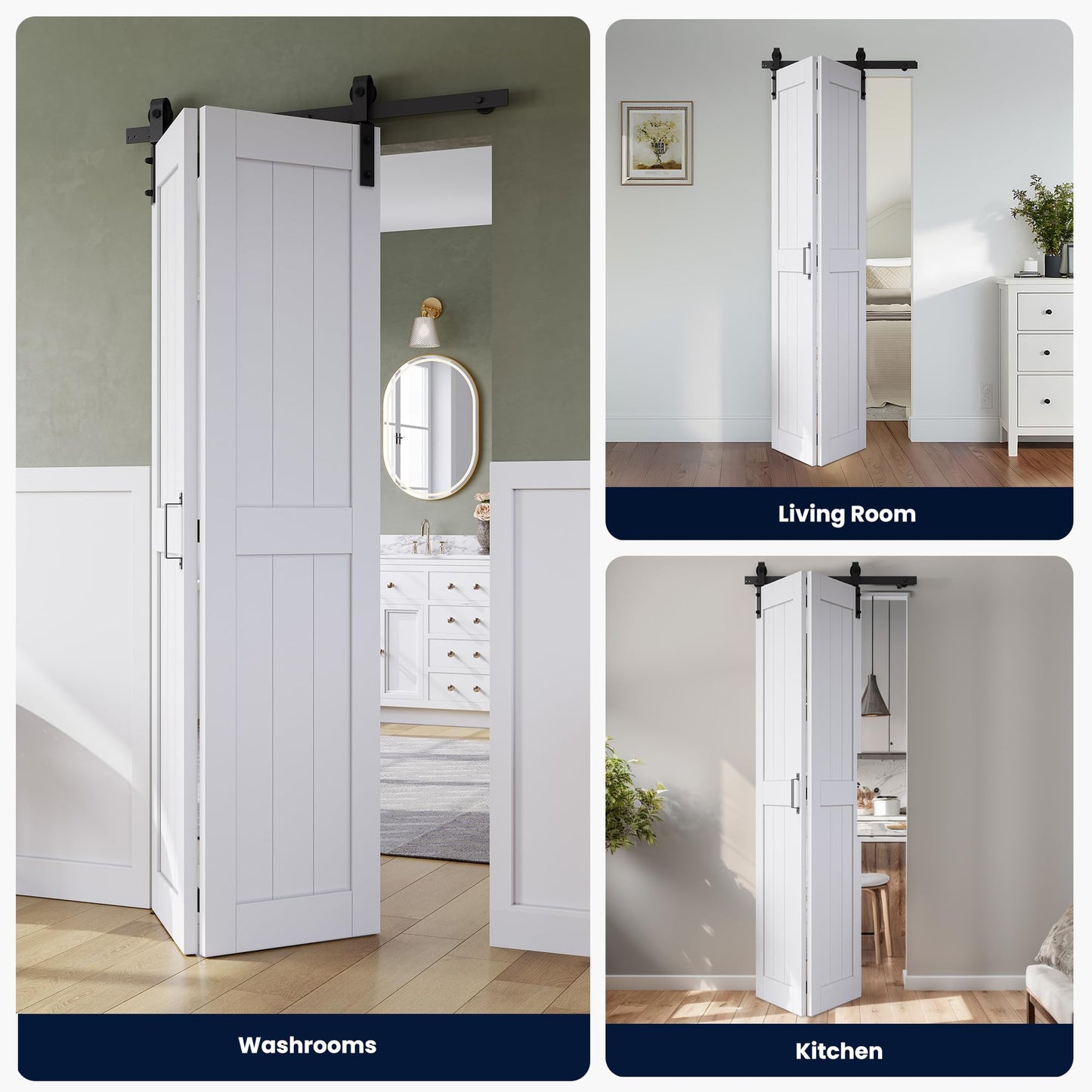 Bifold Barn Door 30" x 84", MDF Bi-Fold Sliding Closet Doors with Hardware Kit Included, Pre-Finished Easy Assembly, Water-Proof PVC Surface & Save Space, H-Frame, 34" Track for 2 Doors,White