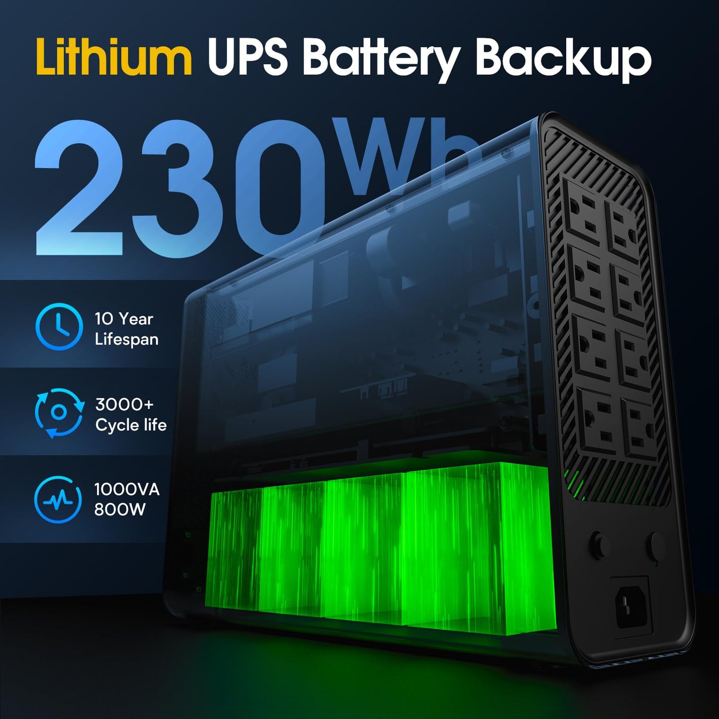 GOLDENMATE 1000VA/800W Lithium UPS Battery Backup and Surge Protector, Sinewave UPS System with LiFePO4 Battery(230.4 Wh), 2025 Upgraded Pro Ver. with Communication Port, 8 Outlets, LCD Display, Gray