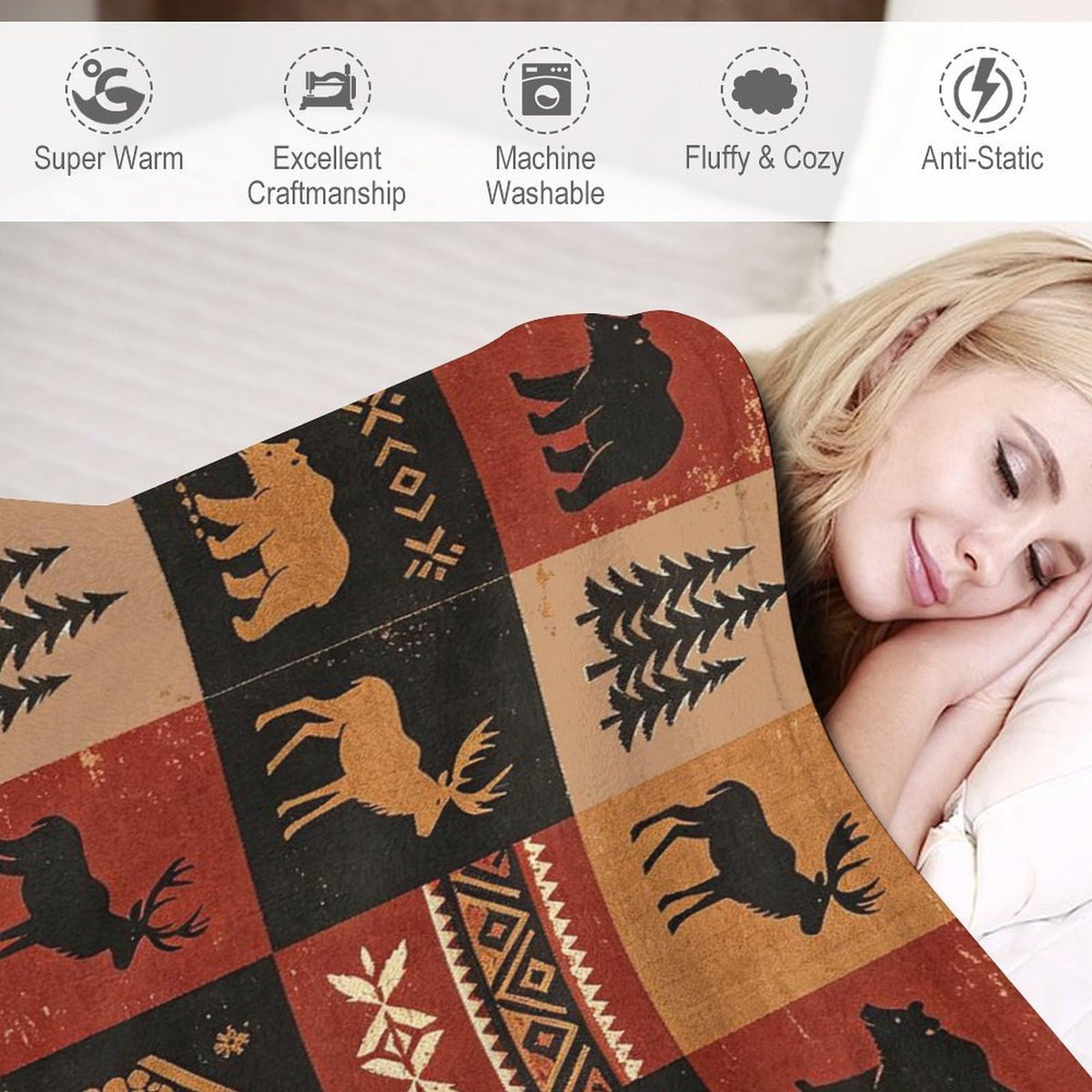 Bear Rustic Cabin Moose Blanket Soft Flannel Farmhouse Throw Blanket Gifts for Adults Cozy Blanket for Red Black Check Farmhouse Art All Season Couch Bed Sofa Home Decor, 50"x60"