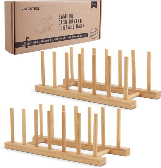 2 Pack Bamboo Dish Drying Rack, Natrual Wooden Plate Rack Holder, Kitchen Storage Organizer for Dish, Plate and Cutting Board