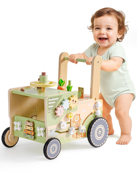 ROBOTIME Wooden Baby Walker Push Toy for Toddlers, Baby Push Walker with Wheels, Farm-Themed Activity Center for Girls & Boys, Adjustable Speed Walker for Baby Learning to Walk