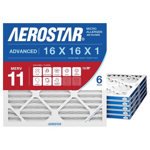Aerostar MERV 11 Air Filter - 16x16x1 Size | 6 Count for Dust, Pet Dander & Allergies - Made in USA