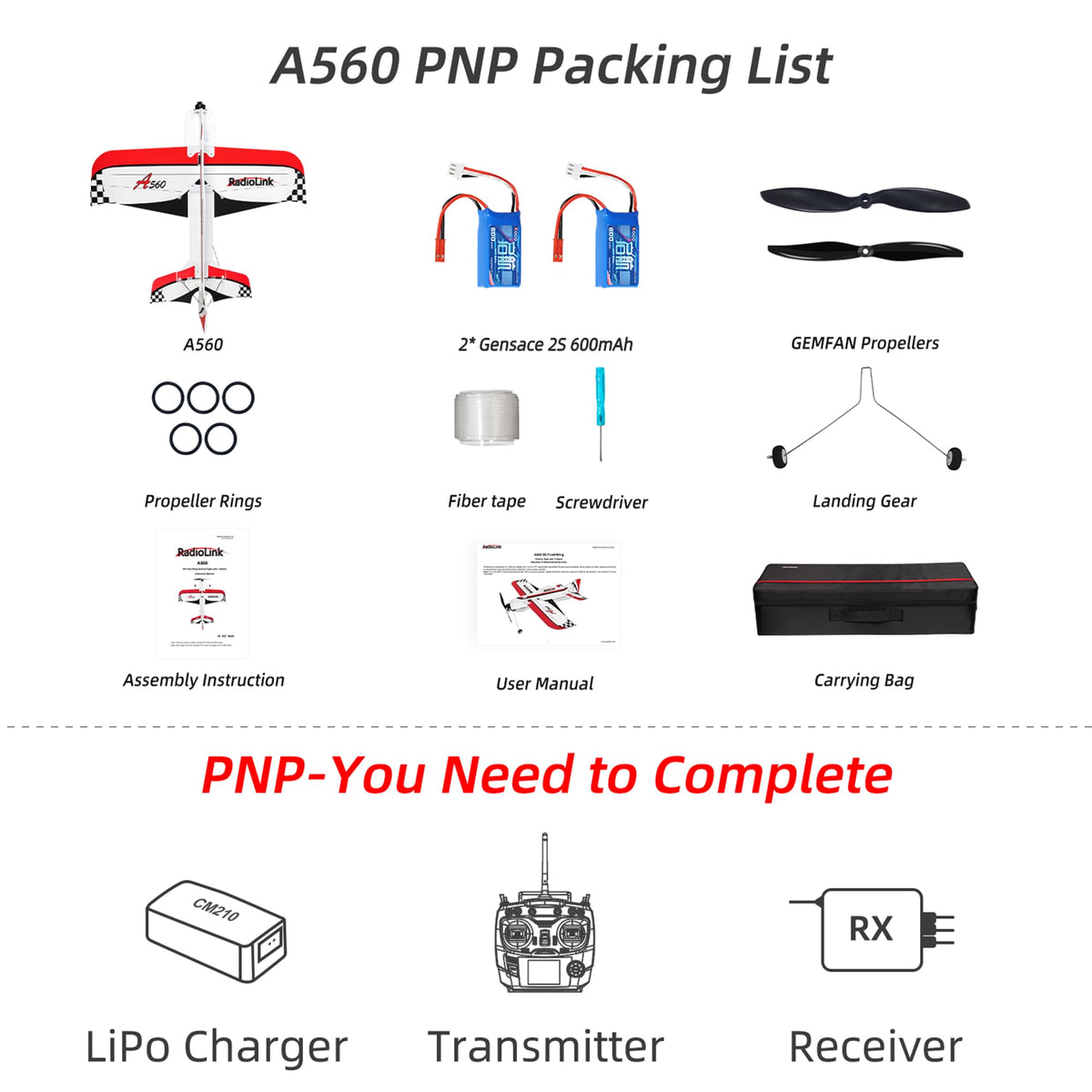 Radiolink A560 Plug & Play (PNP) 3D RC Airplane 580mm Wingspan with 6 Flight Modes, 4 Channels Gyro Byme-A Flight Controller, Brushless Motor&ESC for Beginner & Experienced (No Radio/Receiver/Charger)