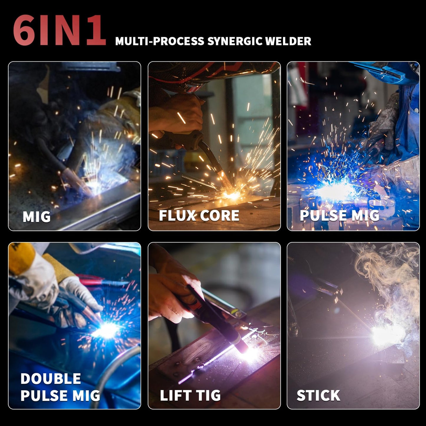 PUWU 250Amp 220V MIG Welder, 6-in-1 Multi-Process Aluminum Welding Machine -GAS MIG/GASLESS Flux Core MIG/Single Pulse MIG/Dual Pulse MIG/Lift TIG/STICK/MMA, Spool Gun Compatible(BLACK)