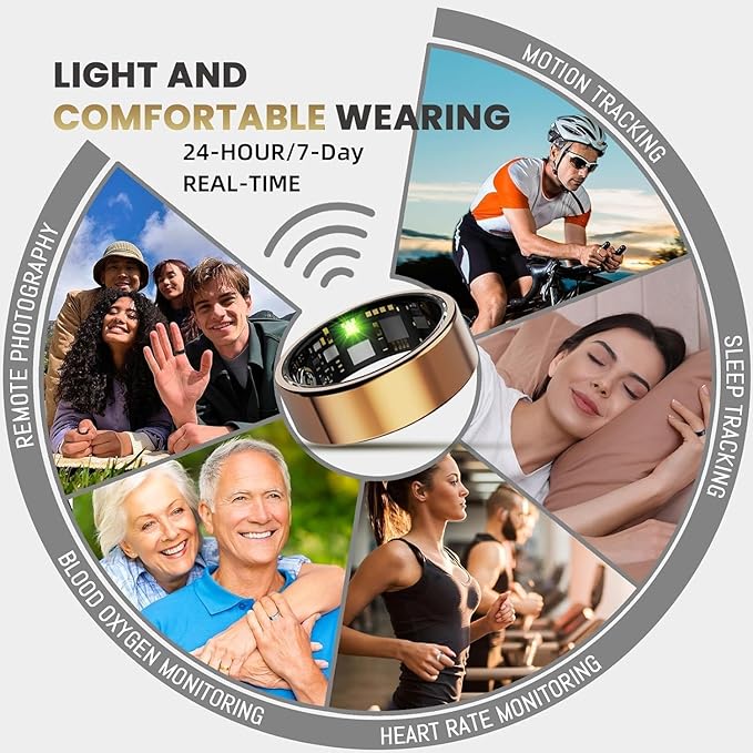 Smart Ring for Women Men, Health Tracker with Heart Rate/Blood Oxygen/Blood Pressure/Sleep Monitor/Step Counting, IP68 Waterproof Fitness Ring, No App Fees for iPhone & Android (Black, 14#)