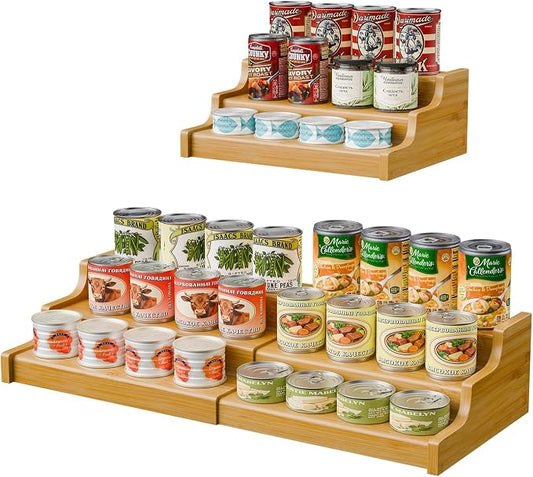 Simple Trending Expandable Bamboo Can Rack Organizer for Pantry, 3-Tier Adjustable Can Storage Holder Holds Up to 24 Cans, Canned Goods Storage Display for Cabinet, Countertop