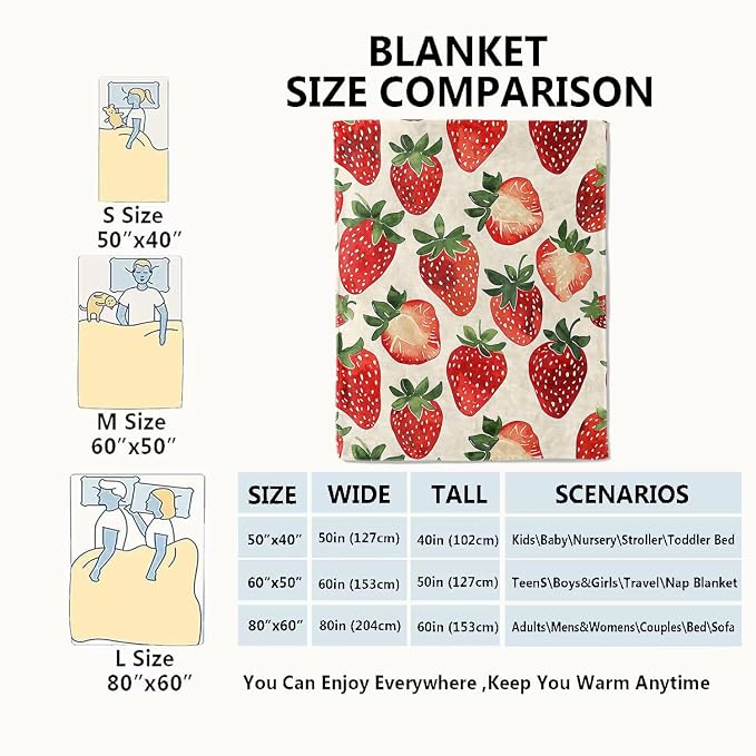 Strawberry Blanket,Sweet Juicy Red Fruit Throw Blankets,Gifts for Kids & Foodies & Summer Lovers,Lightweight Soft Fleece,for Picnic Sofa Couch Bed Room Travel,Birthday Decor,50x60in