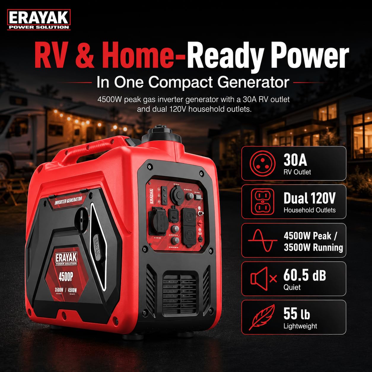 ERAYAK 4500W Portable Inverter Generator for Home Use, Super Quiet Small Generator for Camping Outdoor Emergency Power Backup, Gas Powered Engine, ECO Mode, EPA Compliant