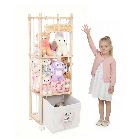 JoyPcsTable Stuffed Animal Storage with Removable Fabric Bins & Locking Wheels, 2-in-1 Wooden Toy Organizer and Display Shelf - Space-Saving for Playroom, Bedroom, Nursery