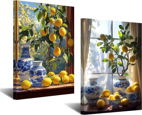 CXHOSTENT Kitchen Lemon Wall Art - 2 Panel Yellow Citrus Fruit Prints for Dining Room Decor | 11x14 Inches