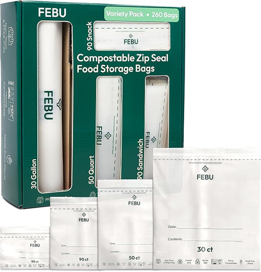 FEBU Compostable Food Storage Bags Variety Pack, 260 Count | Compostable & Biodegradable | PFAS & BPA Free | Drawer Organizer Box | 90 Snack, 90 Sandwich, 50 Quart, 30 Gallon