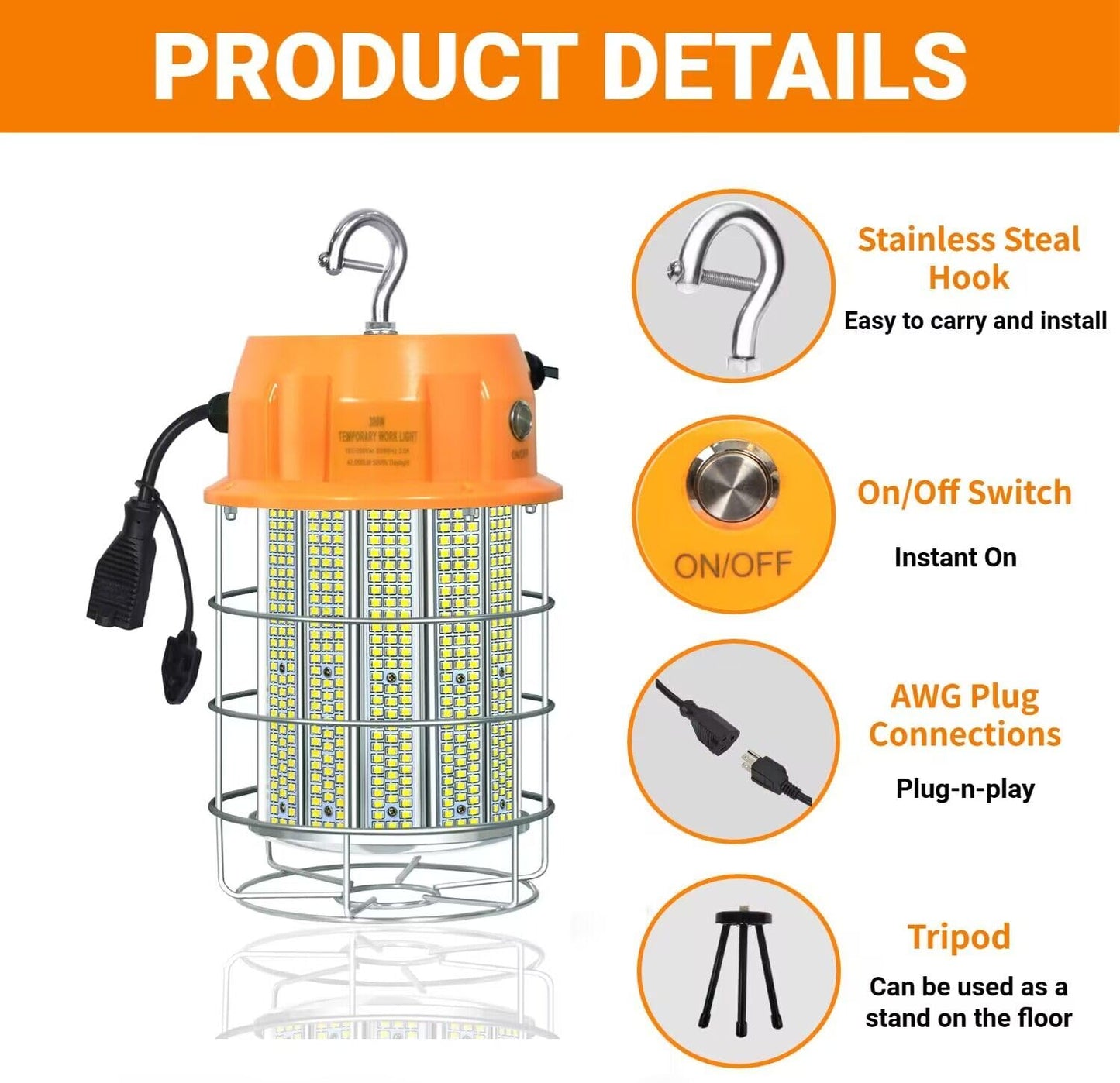 300W LED Temporary Work Light 42,000LM Construction Light Job Site Lighting,5000K,Linkable with ON/Off Button & Hook Portable Work Hanging