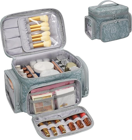 Bagmoly Large Makeup Bag, Portable Travel Makeup Bag Organizer for Women Girls with Makeup Brush Compartment & Two Side Pockets, Cosmetic Travel Bag Vertical Storage Toiletry - Floral Blue