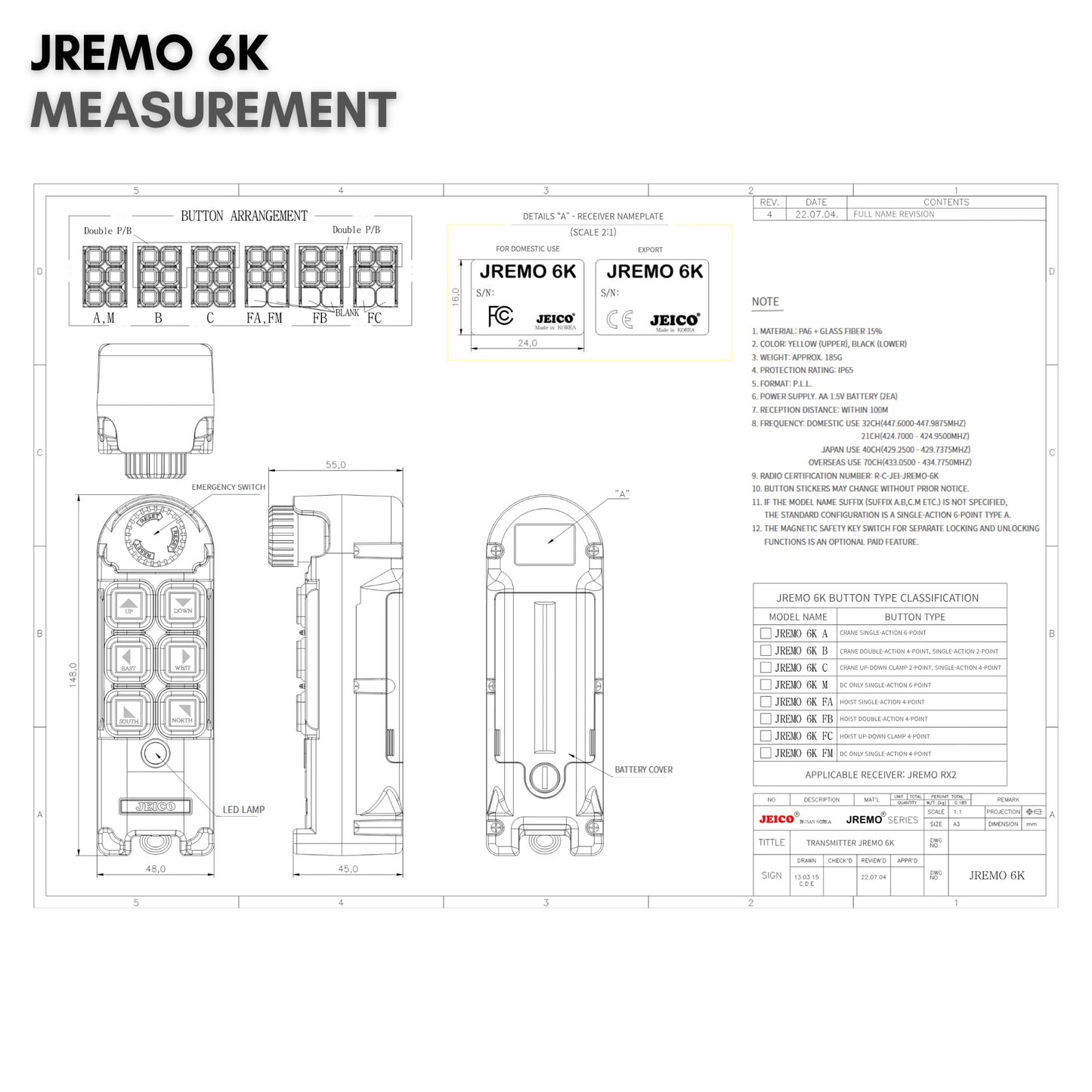 JEICO Crane Hoist Industrial Wireless Remote 6 Buttons Controller JREMO 6K (1 Transmitter + 1 Receiver) Yellow, Made in Korea