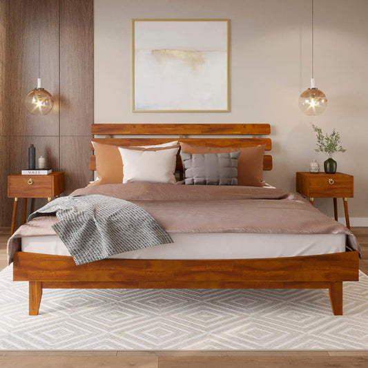 Bme Caden King Size Bed Frame and Adjustable Headboard, 15 Inch Mid Century Retro Style - Solid Acacia Wood - No Box Spring Needed - 12 Strong Wood Slat Support - Easy Assembly - Caramel