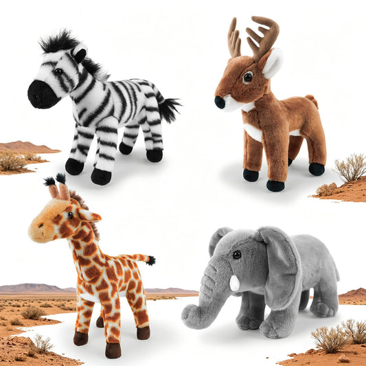 4-Pack 8" Plush Safari Stuffed Animals Set – Giraffe, Zebra, Deer and Elephant, Ultra Soft Washable Jungle Toys for Kids, Adorable Nursery Decor for Toddlers