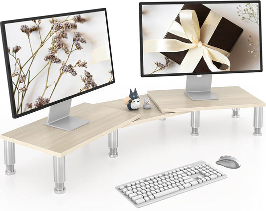 2 AX Waber Dual Monitor Riser - Adjustable Length & Angle, Wooden Stand for Monitors with Storage