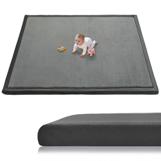 TreeBud Baby Play Mat for Floor, 1.3 Inch Thick Memory Foam Tummy Time Mat with Non Slip Backing, Soft Coral Velvet 59X79 Inch Playpen Mat Crawling Tatami for Infants Toddlers Kids, Dark Gray