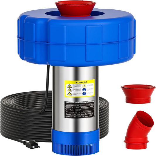 BOFEKTE 15000 GPH Pond Fountain Aerator - Fully Automatic 110V, 750W (1HP) Floating Pumps and Pond Aerator for Large and Small Outdoor Ponds and Lakes - Pountain aerator with 100Ft Power Cord (Silver)