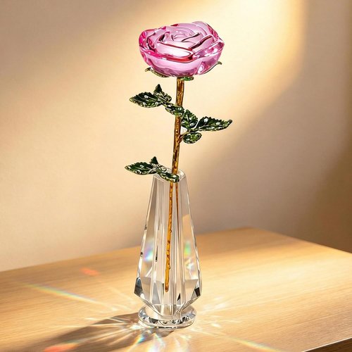 HDCRYSTALGIFTS 10'' Pink Crystal Rose Figurine - Elegant Glass Flower Gift for Mom | Perfect for Mother's Day, Valentine's Day & Anniversaries