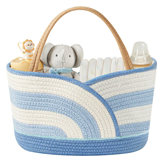 Babygreat Baby Diaper Caddy Organizer - Portable Cotton Rope Diaper Caddy Basket for Nursery, Gift for Baby Shower List, Storage for Diapers, Wipes, Toys & Newborn Essentials (Blue/White)