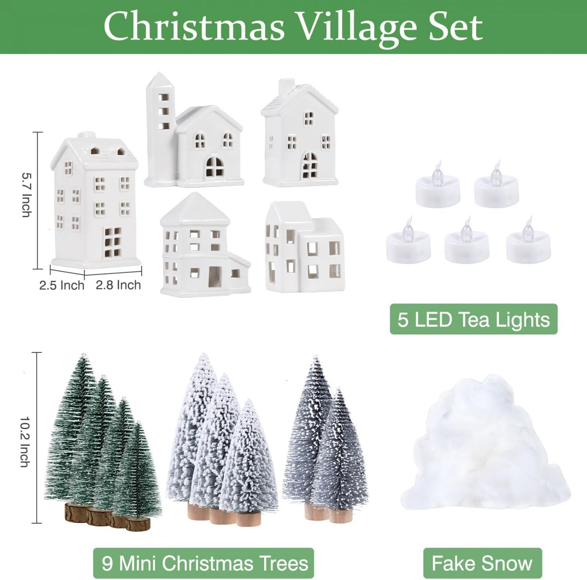 Regine Switzerland Ceramic Christmas Village Houses Set - 5 White Houses, 9 Trees & Fake Snow for Festive Home Decor