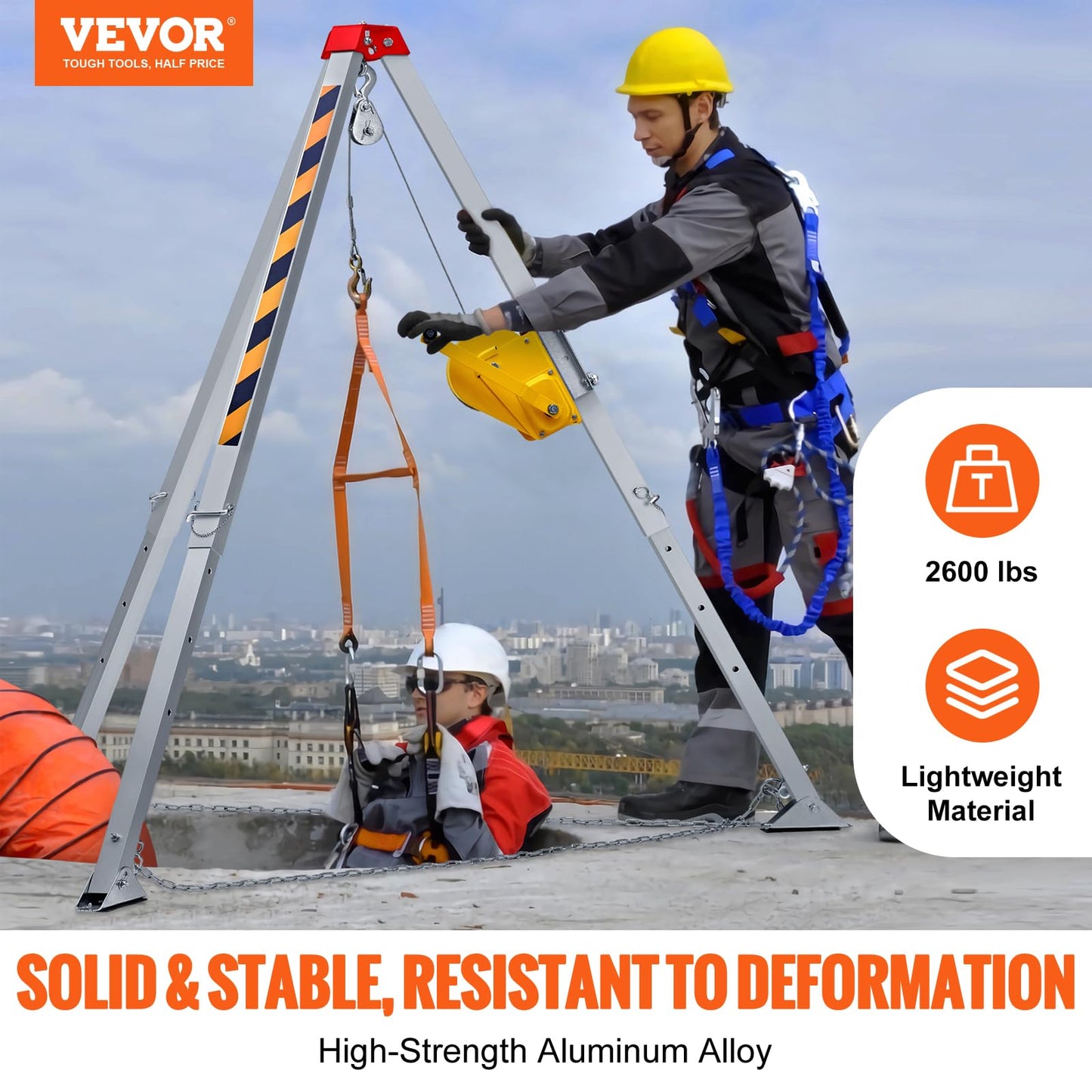 VEVOR 2600 lbs Winch Confined Space Tripod Kit, Heavy Duty Rescue Tripod Lifting Hoist 98' Cable, 32.8' Fall Protection, 5-8ft Working Height, Portable Kit w/Harness Blower Gas detector
