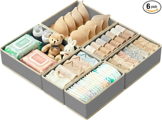 Drawer Organizer Set 6 Pack - Foldable 11" Fabric Storage Bins with Zipper Bottom for Underwear Socks Bras Baby Clothes - Closet Dresser Dividers for Bedroom Nursery, Light Grey