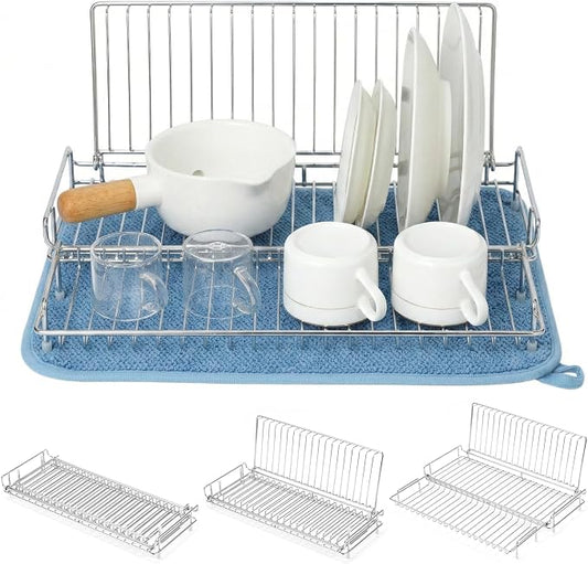 Collapsible Dish Drying Rack, 304 Stainless Steel Foldable Dish Rack for RV Camper Travel Trailer Boat, Folding Dish Drainer with Absorbent Mat, Compact Space Saving Kitchen Organizer, Silver