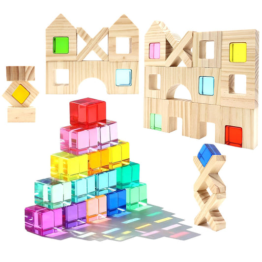 kuchisity Wooden Building Blocks Set for Kids, 60 PCS Rainbow Acrylic Gem Cubes Stacking Blocks, Montessori Stacking Toy for Toddlers Educational Toy Early Learning Gifts for Boys Girls 3-6 (60)
