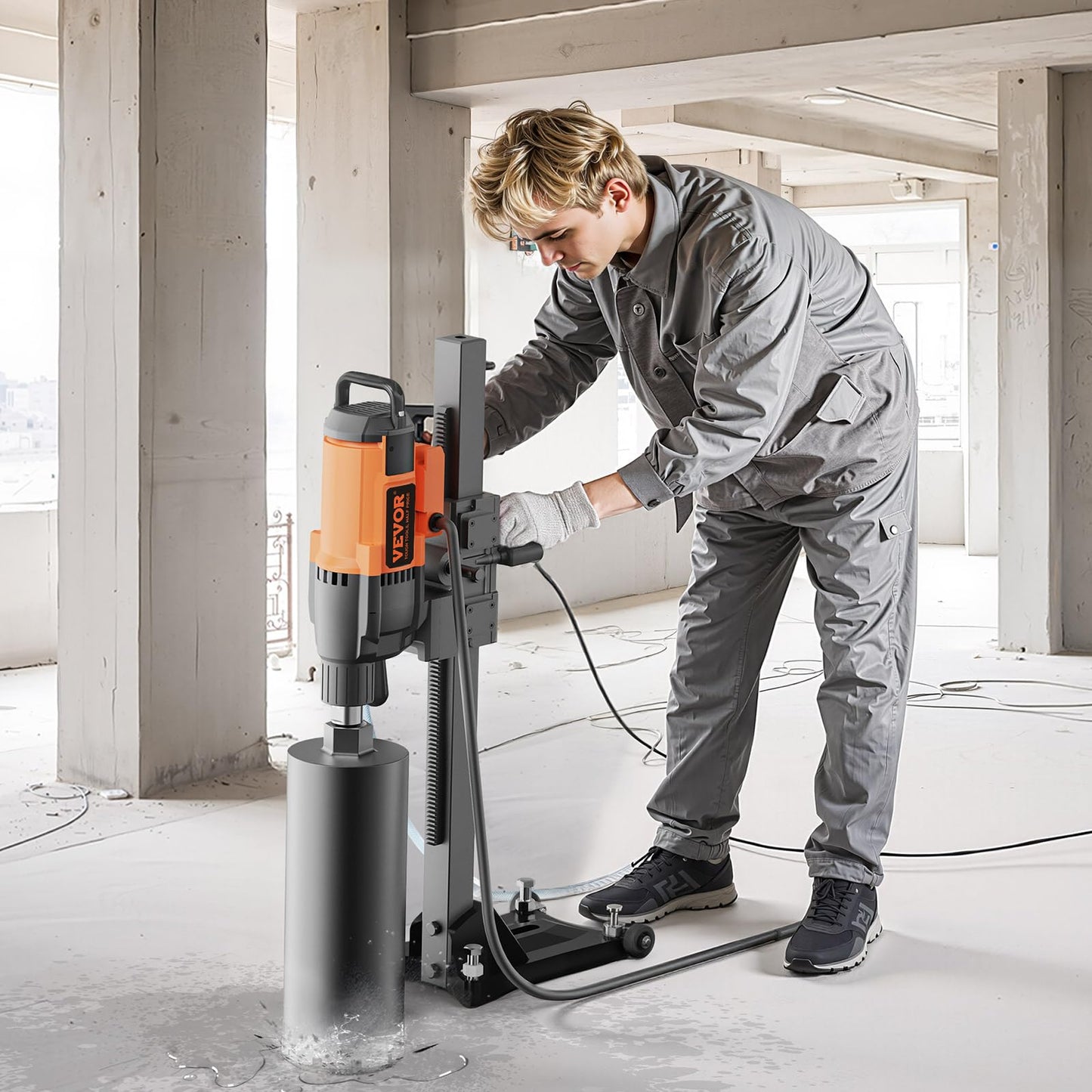 VEVOR Diamond Core Drilling Machine, 10in Wet Concrete Core Drill Rig with Stand Wheels, 750RPM Speed & 1-1/4" Thread & Lifting Handle, 10in Drilling Diameter for Concrete Brick Block Stone, 2500W