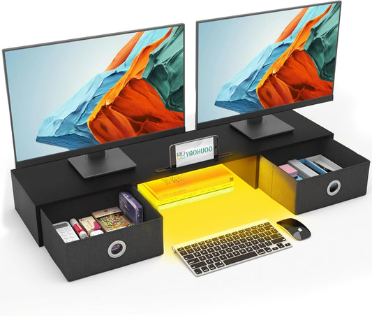 2 2 YAOHUOO Dual Monitor Stand with LED Light Drawers, Computer Monitor Riser for Monitors, Large Desktop Organzier