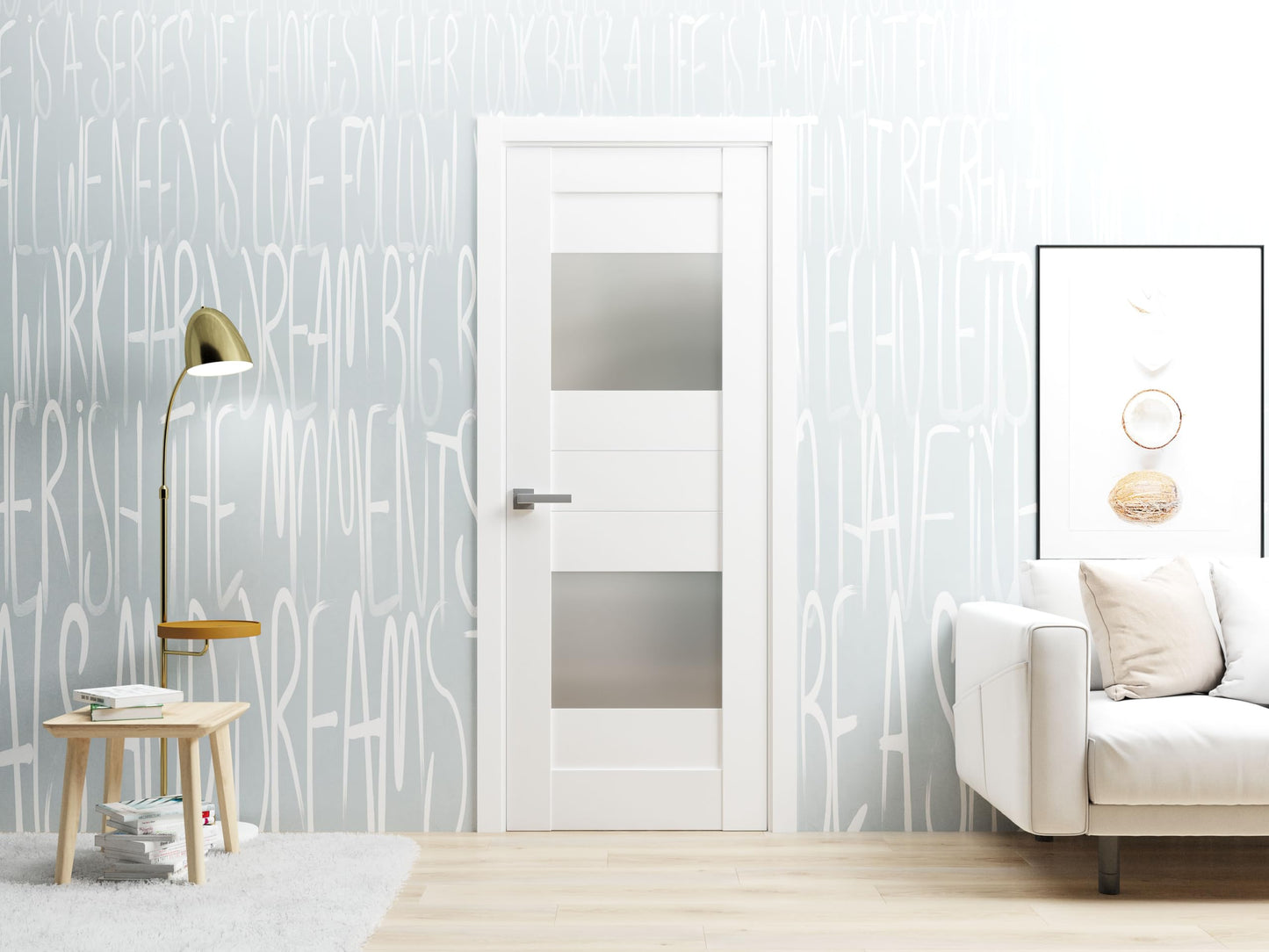 VDOMDOORS Solid French Door Opaque Glass 2 Lites 36x96 inches/Sete 6222 White Silk/Single Regular Panel Frame Handle/Bathroom Bedroom Modern Doors