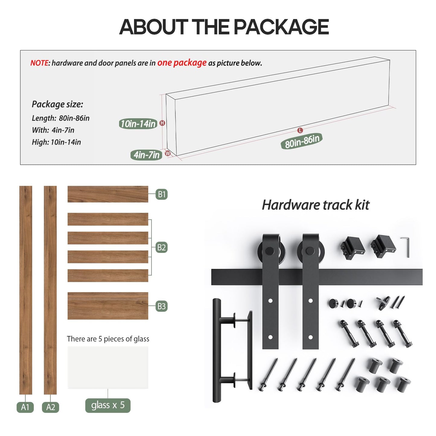 FREDBECK 36in x 80in Glass Barn Door Glass Door with 6.6FT Barn Door Hardware Kit & Handle Included,5-Panel Frosted Glass, Water-Proof Surface,Pre-Drilled Holes,Need Assembly