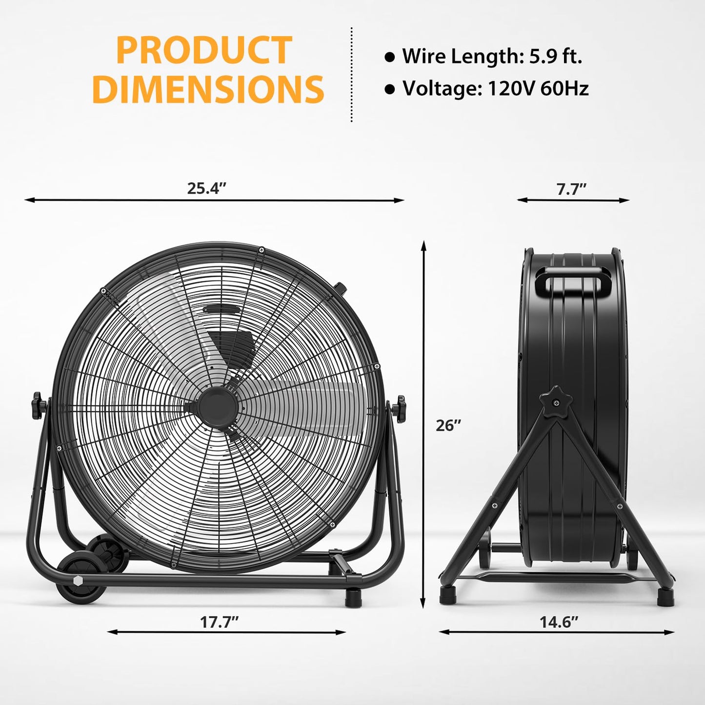 GarveeHome 24 in Industrial Drum Fan, 5700 CFM High Velocity Floor Fan, 3 Speed Heavy Duty Metal Air Circulator Fan, 360° Tilt with Casters Handle, Ideal for Patios, Warehouse, Commercial, Basement