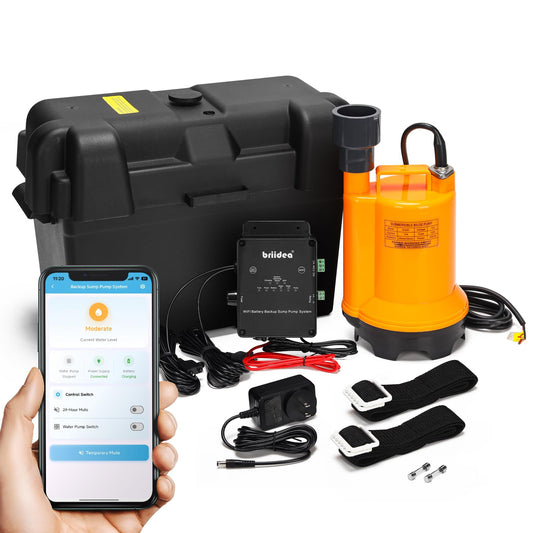 Briidea Battery Backup Sump Pump System for Basement, 12V Battery Compatible (Battery Not Included), Dual 2.4G/5G WiFi Monitoring, Electronic Water Level Sensor, Smart Alarm System