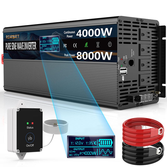 4000W Pure Sine Wave Power Inverter 12V DC to 110V/120V AC, 8000W Peak with Remote Control, 4 AC Outlets, Dual USB, LED Display, Heavy Duty Converter for RV, Truck, Solar System, Off-Grid & Emergency