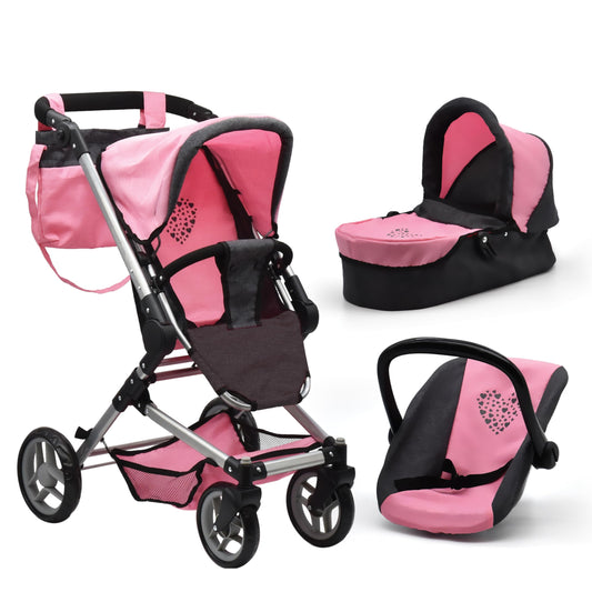 Baby Doll Convertible Stroller 3 in 1 Bassinet and Rear Facing Seat Buggy Foldable Toy Pram for Girls Toddlers Kids Swiveling Wheels Travel System Carriage Combo