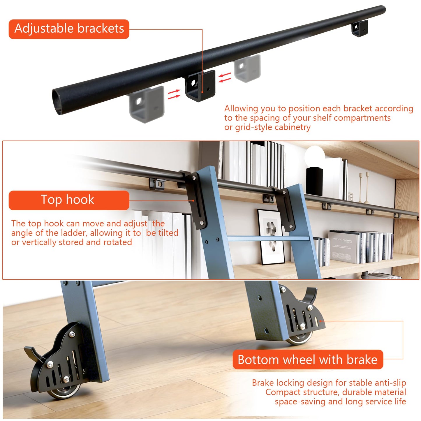 DIYHD 87" Lightweight Sliding Library Ladder with Handrail, Rolling Bookshelf Ladder with 4FT Rail System, Telescopic Top Hook, Upright Space-Saving Storage Design, 7 Steps, 300 Pound Capacity, Blue
