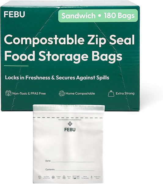 FEBU Sandwich Compostable Food Storage Bags, 180 Count | Certified Home Compostable & Biodegradable | PFAS & BPA Free Zipper Bags | Leak-Proof & Resealable | 6.5"x 5.88”