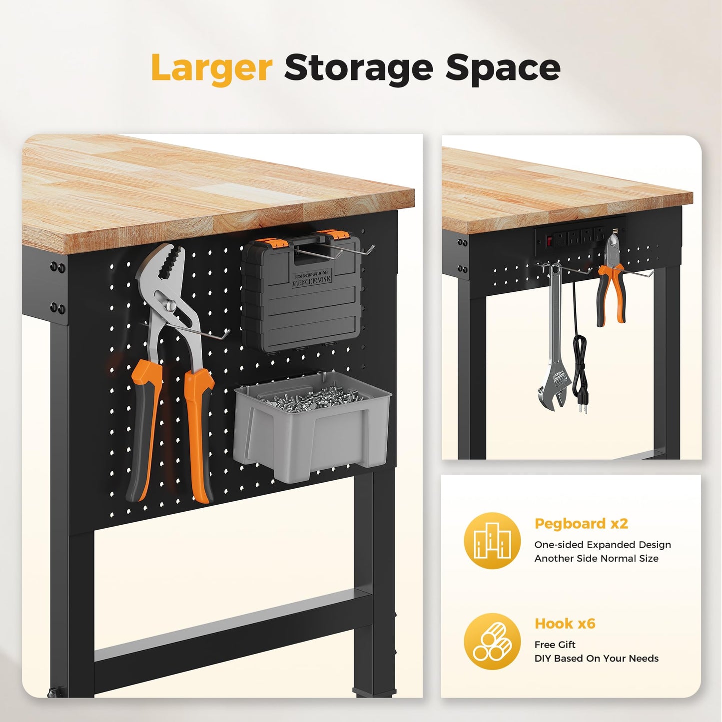 CAMMOO 120" Adjustable Heavy Duty Workbench, 2000 LBS Load Capacity Rubber Wood Work Table with Pegboard, Power Outlets, Work Bench for Garage, Workshop, Office, Home, Commercial, Ships in 2 Boxes