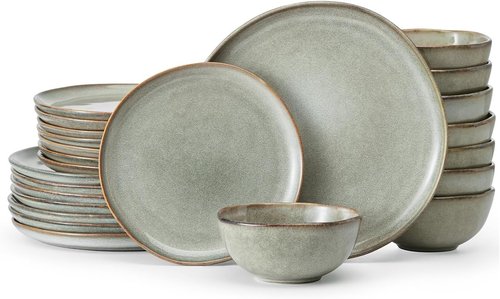 KINGSTONE 24-Piece Stoneware Dinnerware Set - Handcrafted Reactive Glaze Plates & Bowls for 8 | Scratch Resistant, Dishwasher & Microwave Safe, Grey