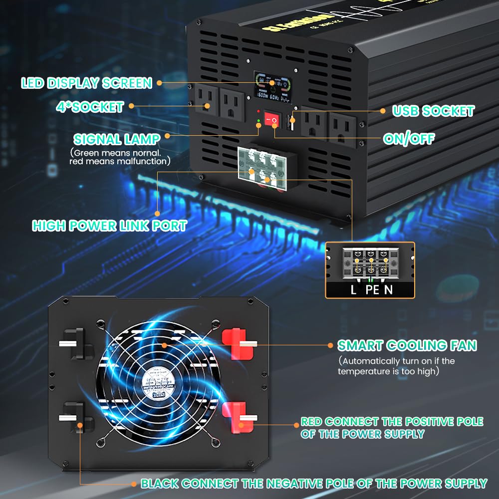 SL Euthtion 5000W/10000W(Peak) Pure Sine Wave Car Power Inverter 12V DC to 120V AC 60HZ with LCD Display, USB Port, Wireless Remote Control（10M) for Car Home Laptop Truck
