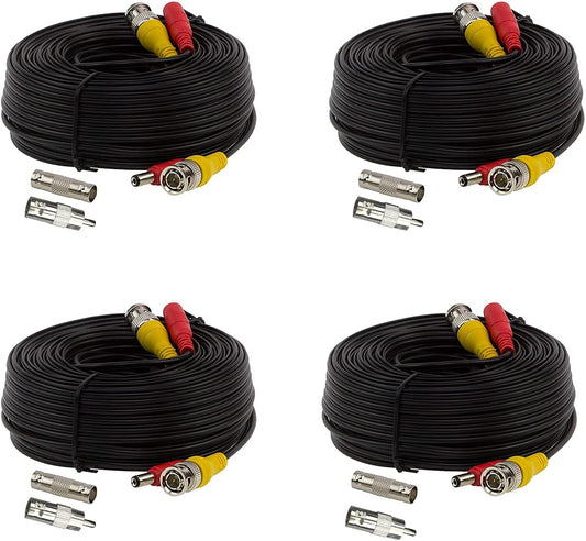 4 Pack 60Ft Bnc Video and Power Cables, All in One Extension Cables for CCTV Camera DVR Security Systems, Includes BNC